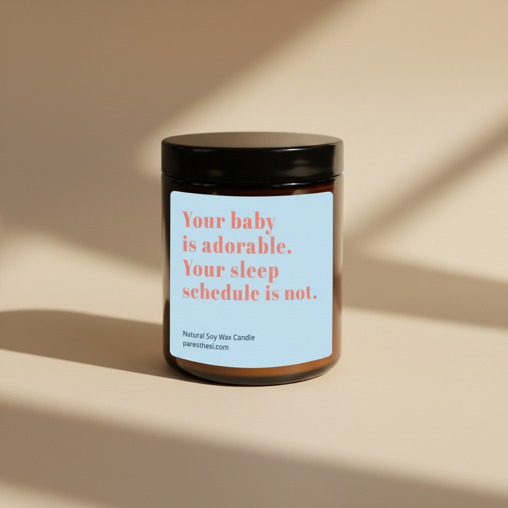 An amber glass jar candle with a black lid and a light blue label featuring the text 'Your baby is adorable. Your sleep schedule is not.