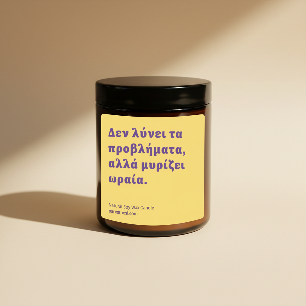 A dark amber glass jar candle with a black lid and a pale yellow label featuring purple Greek text, set against a plain white background.