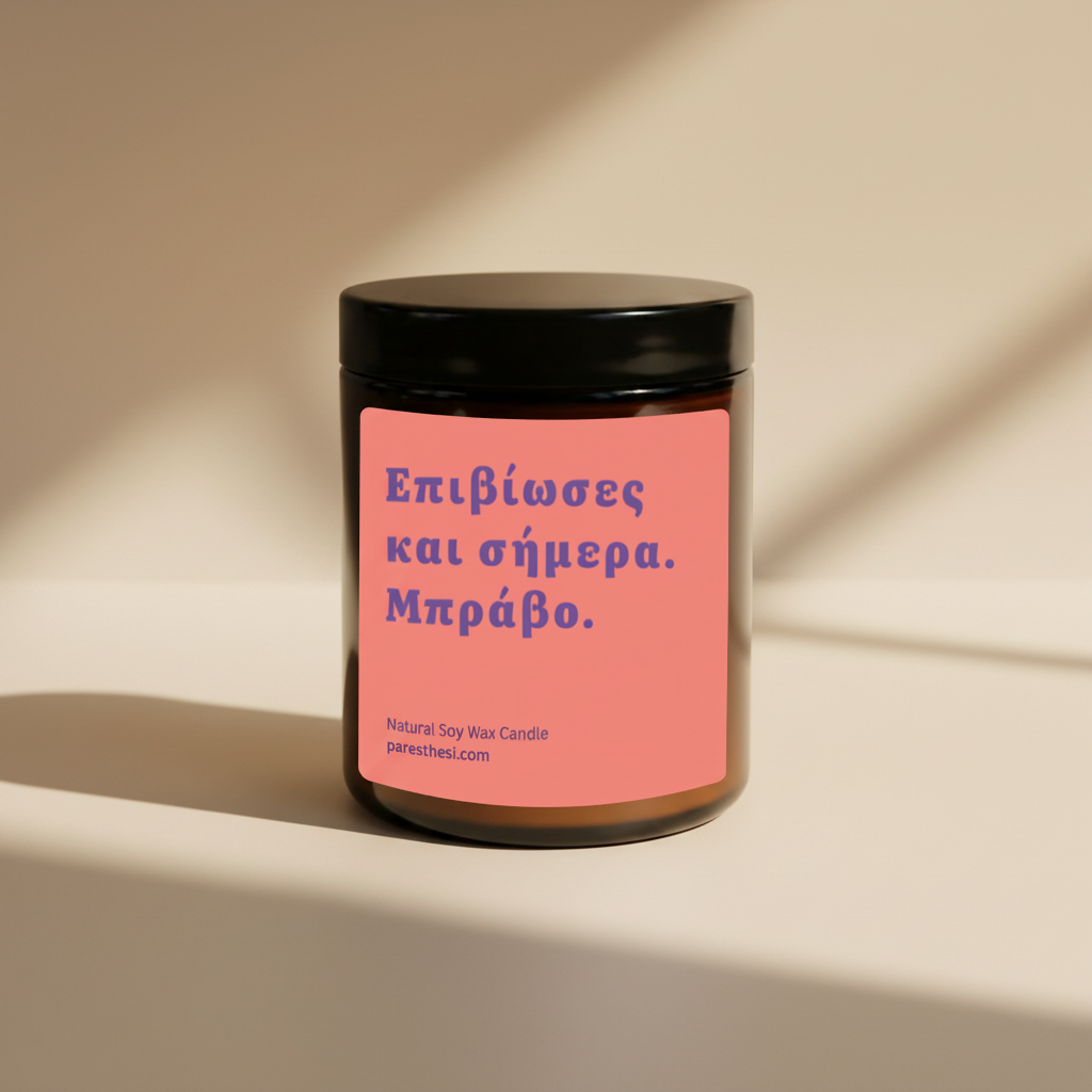 A natural soy wax candle in a dark amber glass jar with a black lid and a pink label featuring purple Greek text, set against a plain white background.