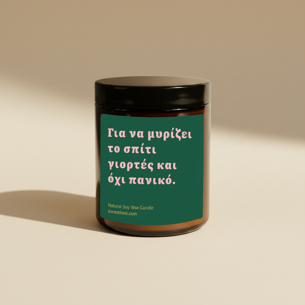 An amber glass jar candle with a black lid and a dark green label featuring Greek text, shown on a plain white background.