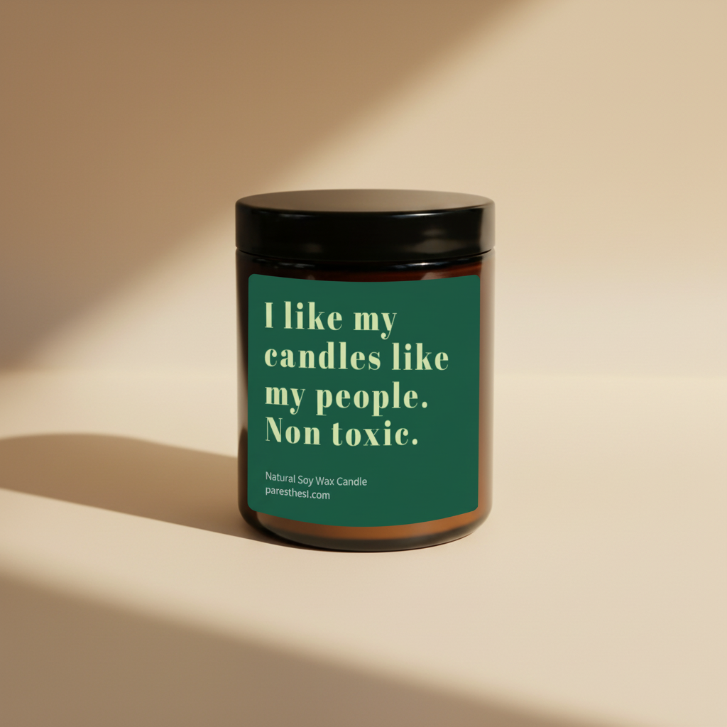 An amber glass jar candle with a black lid and a dark green label featuring the text 'I like my candles like my people. Non toxic.