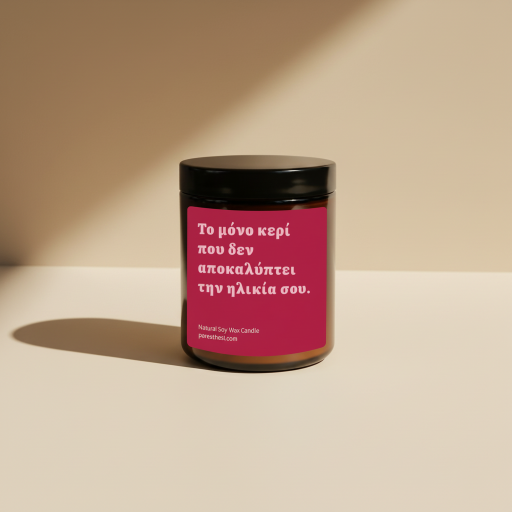 A single jar candle with a black lid and a bright pink label featuring white Greek text, shown on a plain white background.