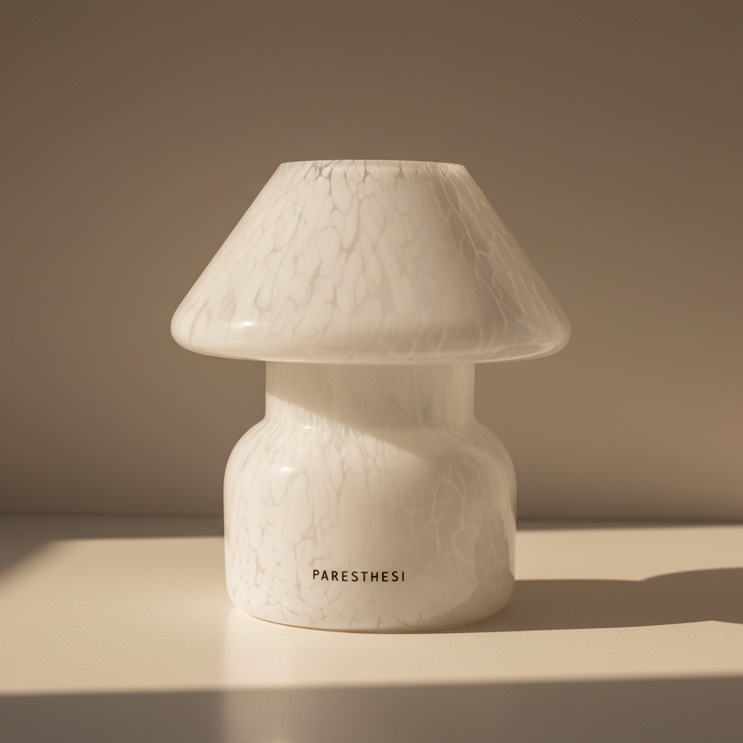White textured table lamp candle with 'PARESTHESI' branding on a beige background