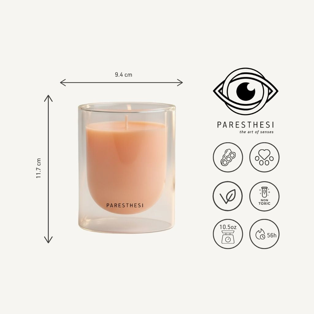 Candle with dimensions and Paresthesi branding on a white background