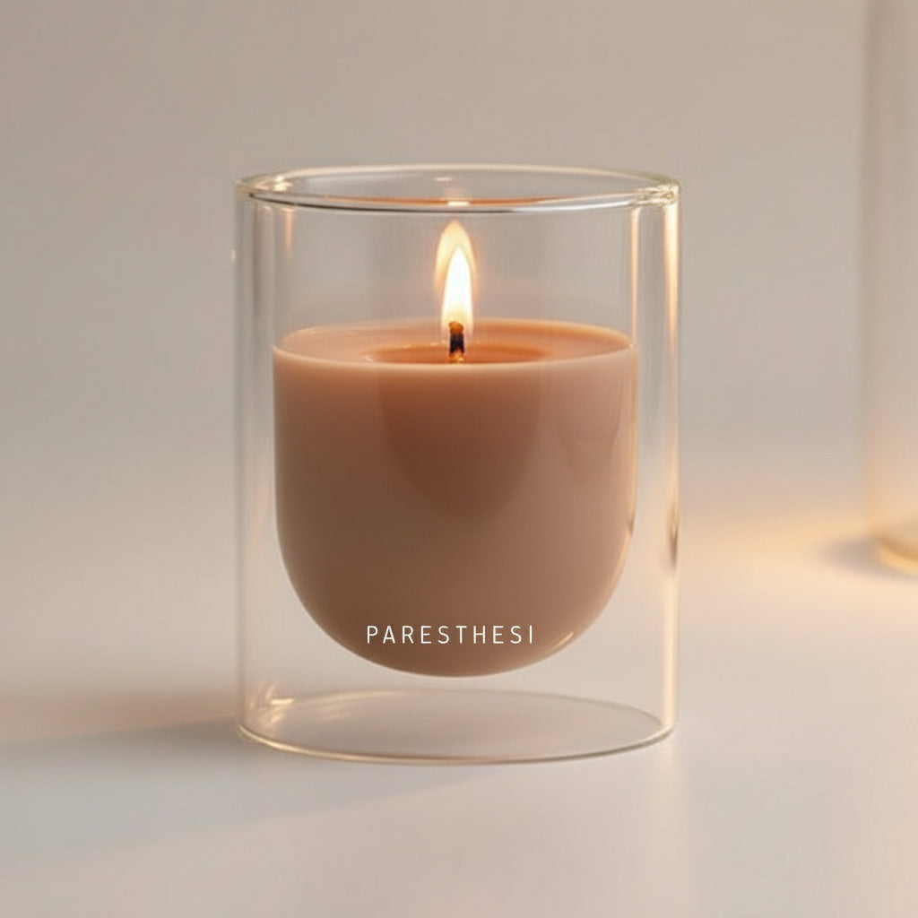 Brown candle in a clear glass holder on a neutral background