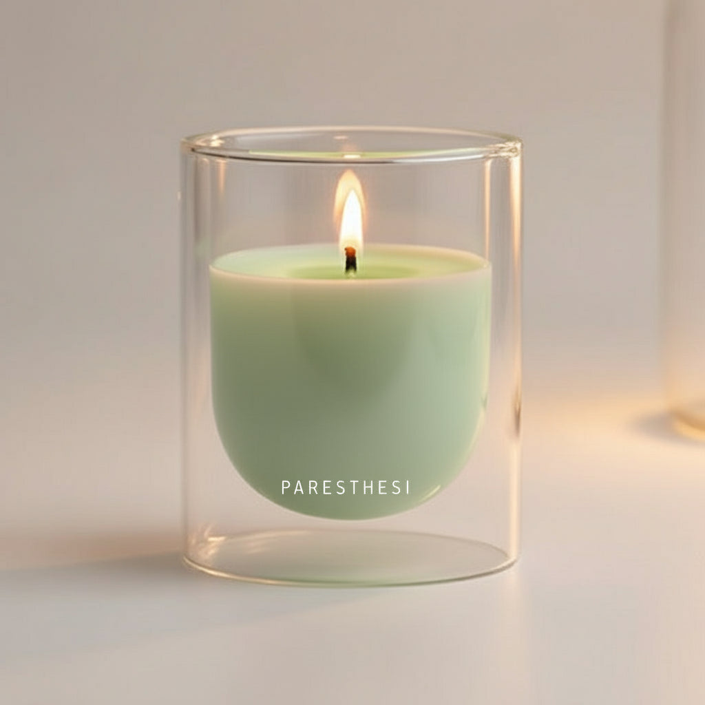 Green candle in a clear glass holder on a neutral background