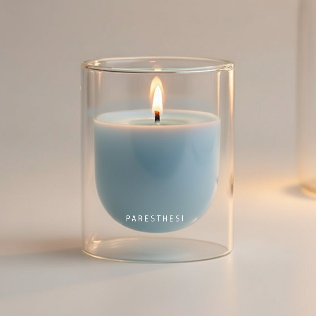 Light blue candle in a clear glass holder on a neutral background