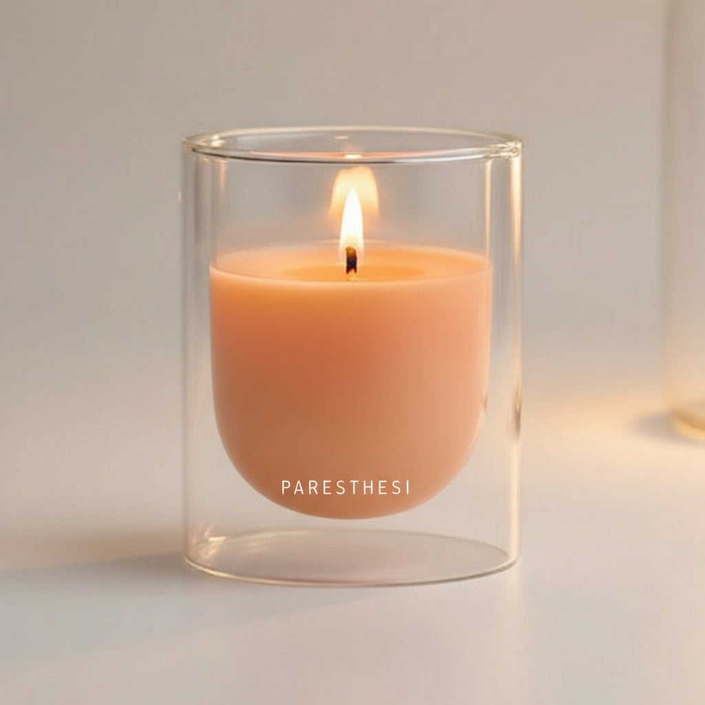 Orange candle in a clear glass holder on a neutral background