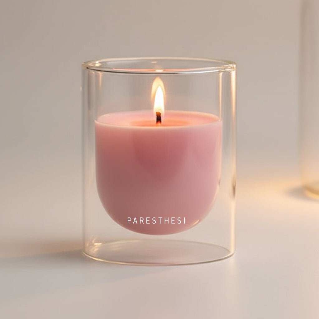 Pink candle in a clear glass holder on a neutral background