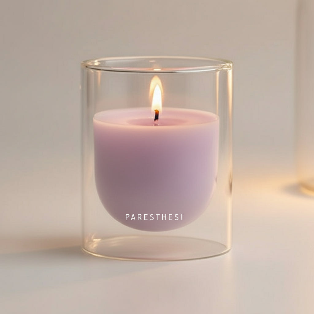 Purple candle in a clear glass holder on a neutral background