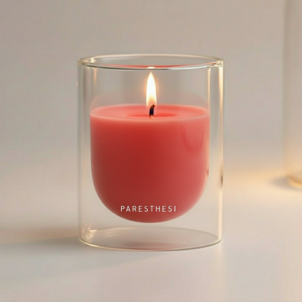 Red candle in a clear glass holder on a neutral background