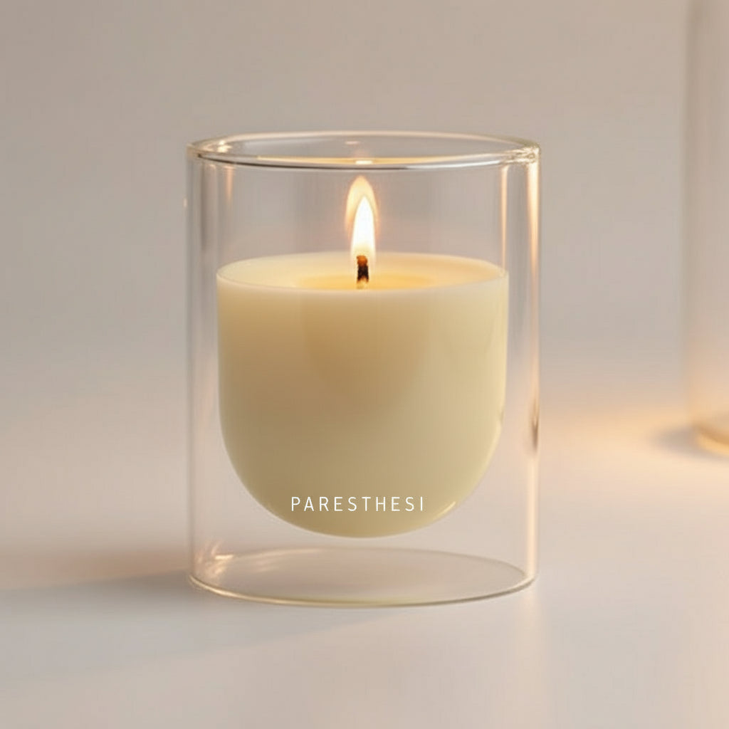 Yellow candle in a clear glass holder on a neutral background