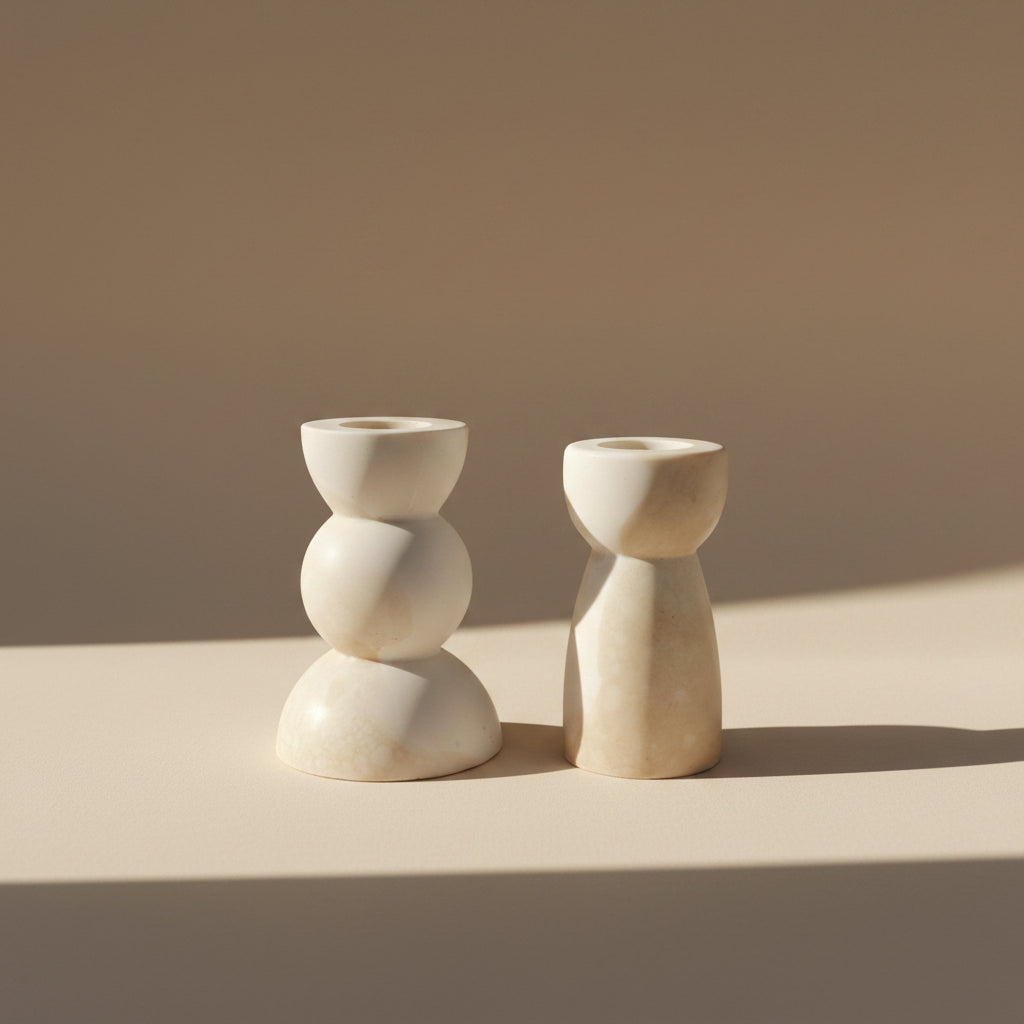 Two porcelain candlestick holders with a beige marble texture on a beige background