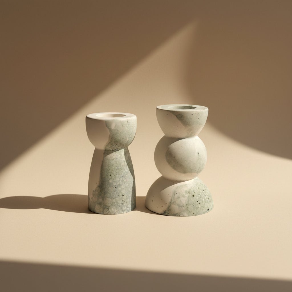 Two porcelain candlestick holders with a green marble texture on a beige background