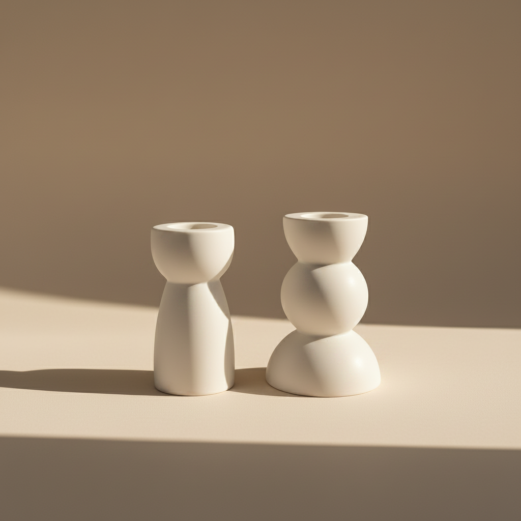 Two white porcelain candlestick holders on a beige background