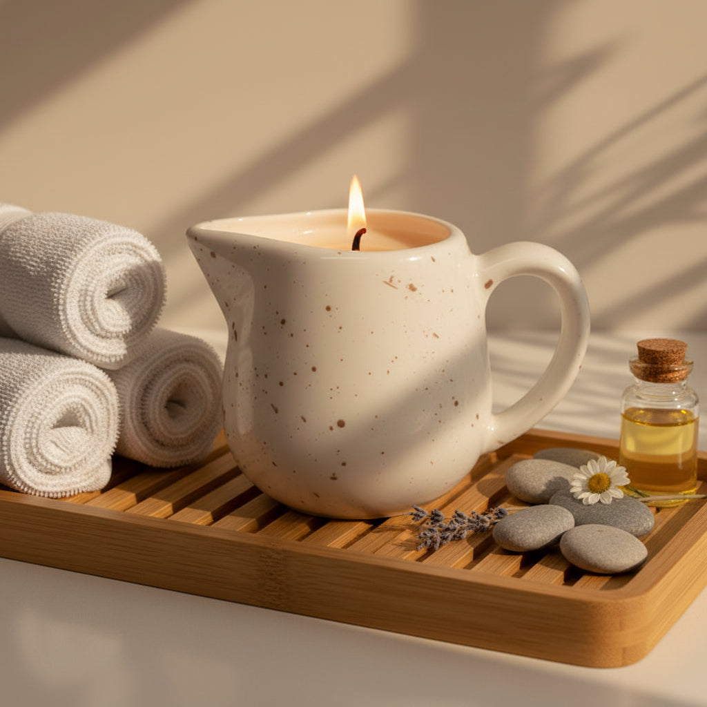 Ceramic pitcher with a massage candle inside on a spa tray and a neutral background