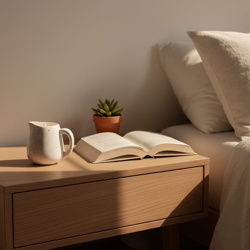 Candle and book on a wooden nightstand next to a mug and small plant, with pillows in the background.