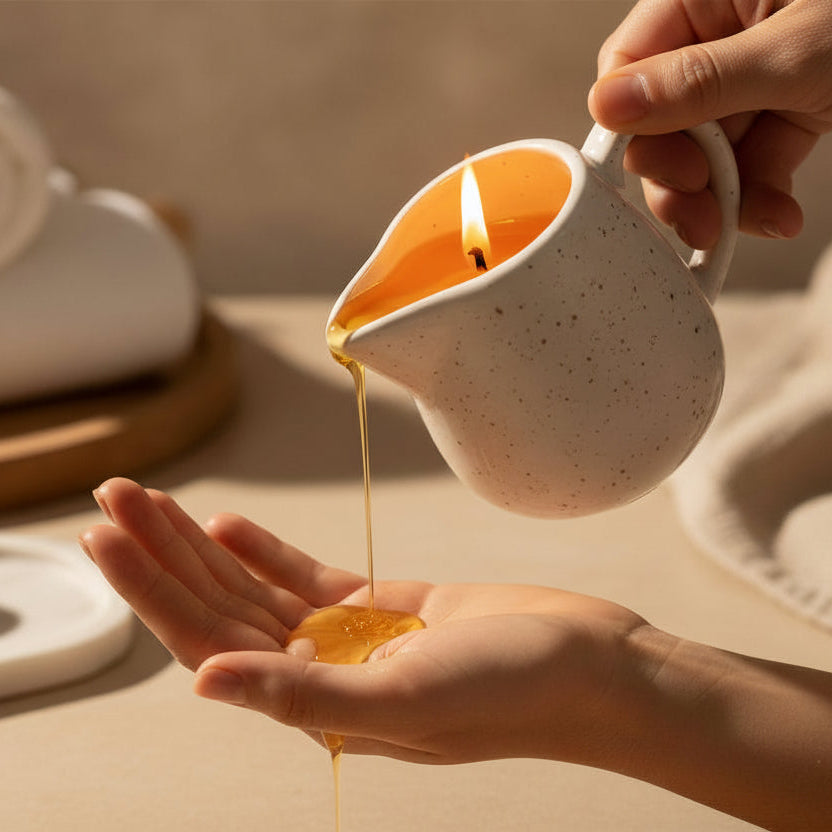Person pouring massage candle wax from a ceramic pitcher into their hand, with towels and stones in the background.