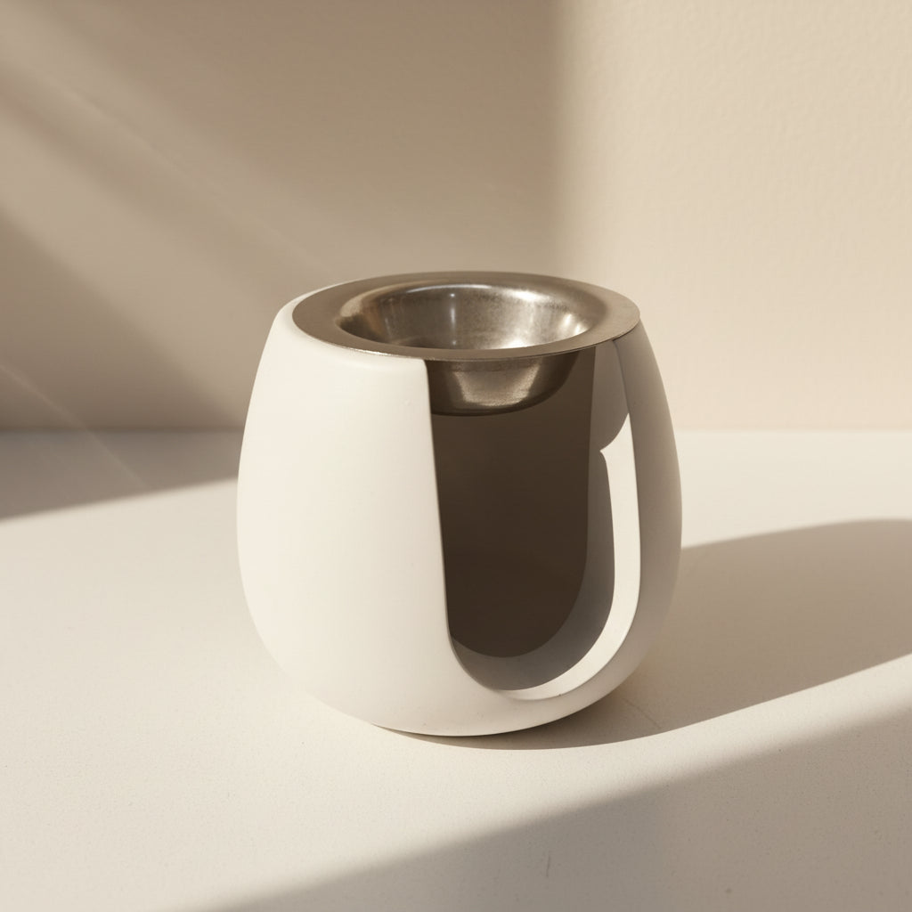 White Round Porcelain Wax Melt Burner on beige surface