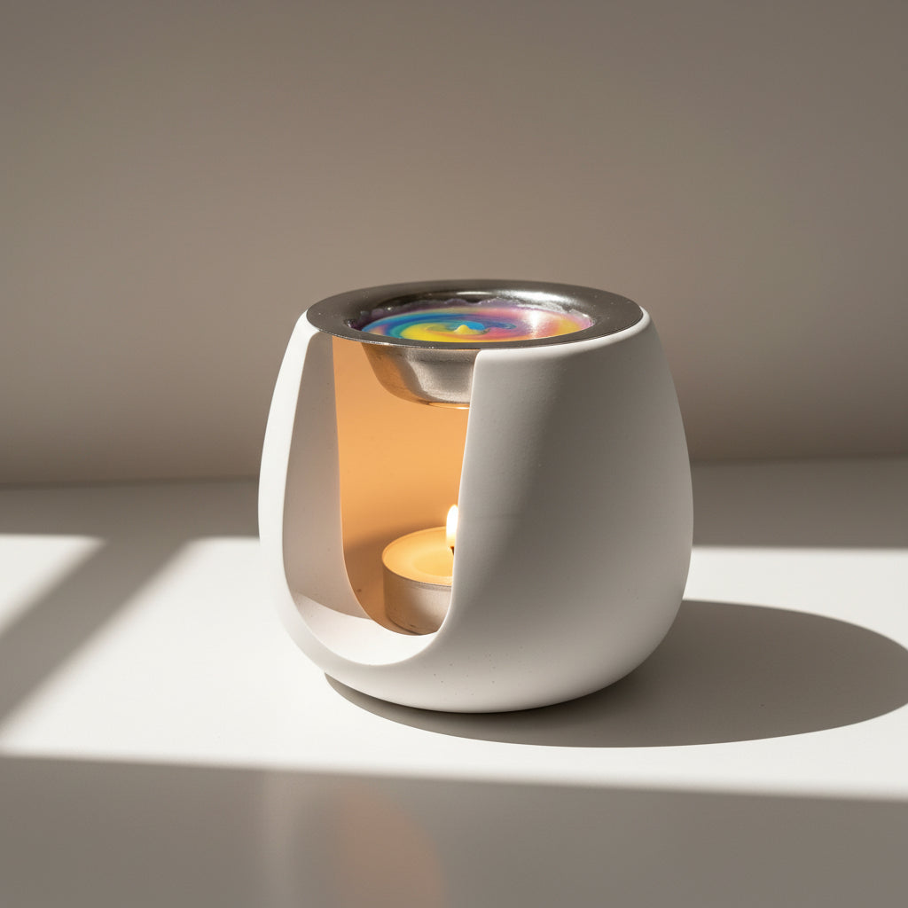 White Round Porcelain Wax Melt Burner with tealight on beige surface