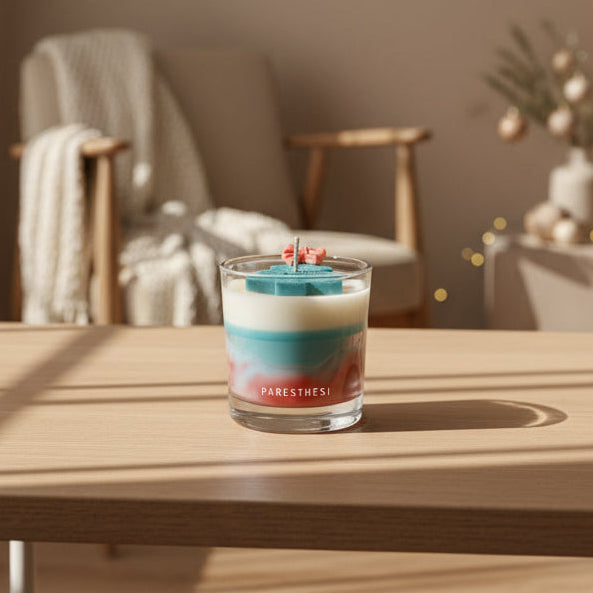 Candle with colorful design on a wooden table in a cozy room.
