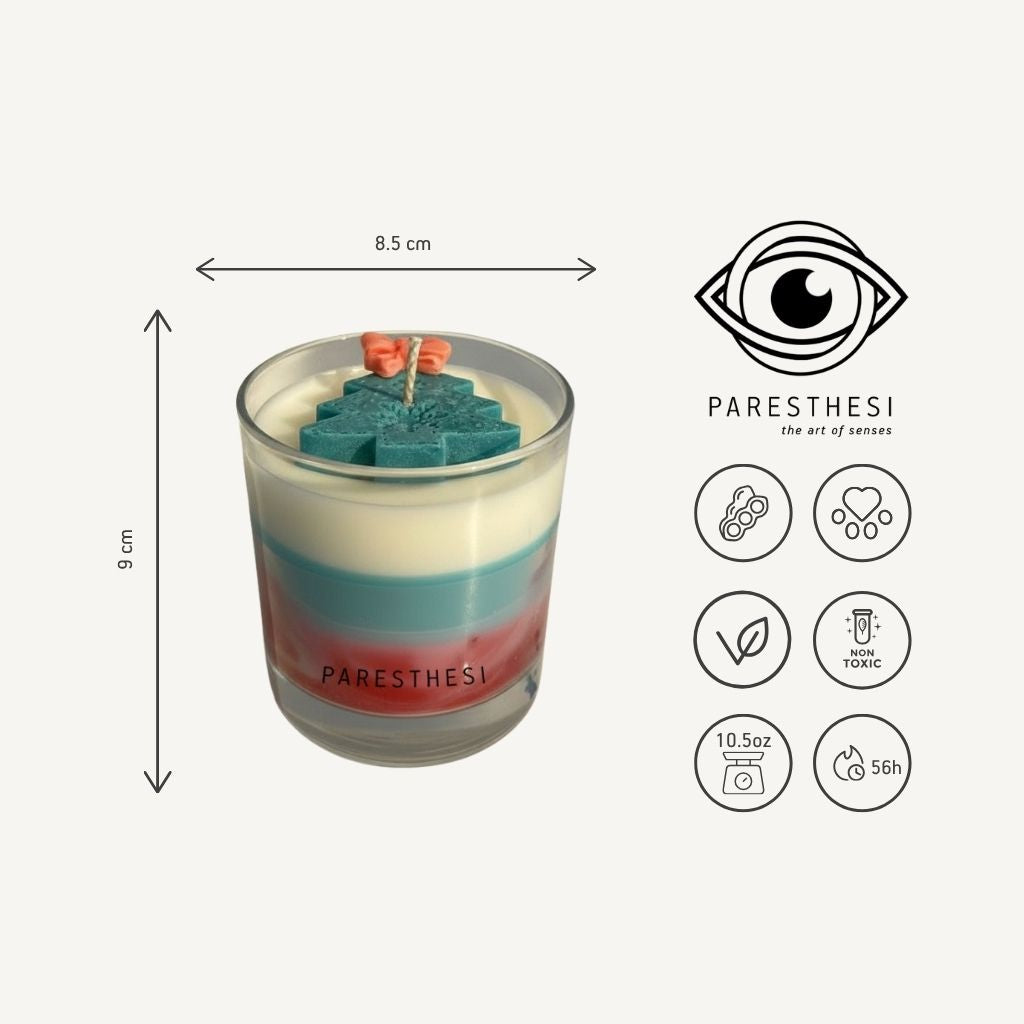 Colorful layered candle with dimensions and PARESThESI branding on a white background