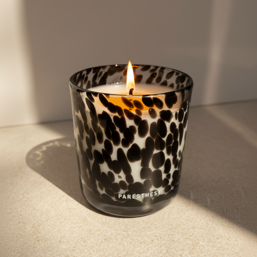 Candle in a leopard print container on a neutral surface