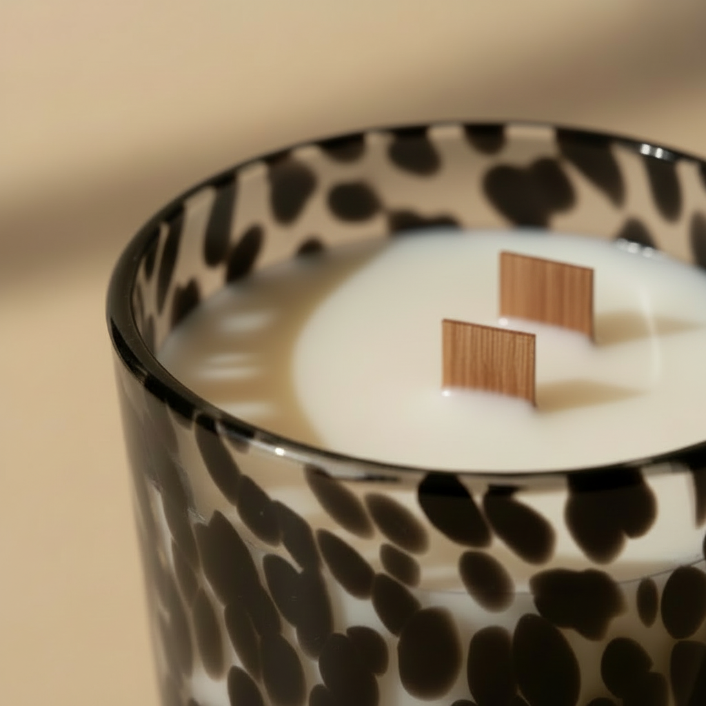 Candle in a leopard print glass on a beige background