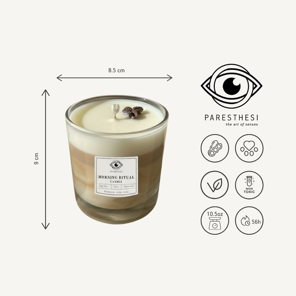 Candle with dimensions and Paresthesi brand icon on a white background