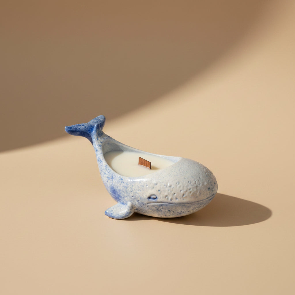Whale-shaped porcelain vessel with a candle on a light beige surface