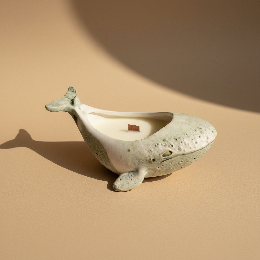 Whale-shaped porcelain vessel with a candle on a light beige surface
