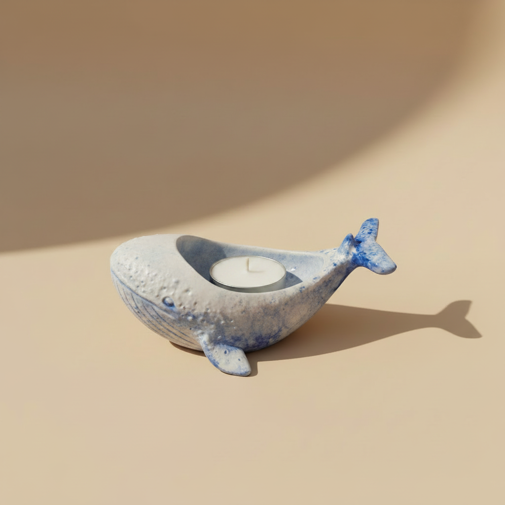 Whale-shaped porcelain vessel with a candle on a light beige surface