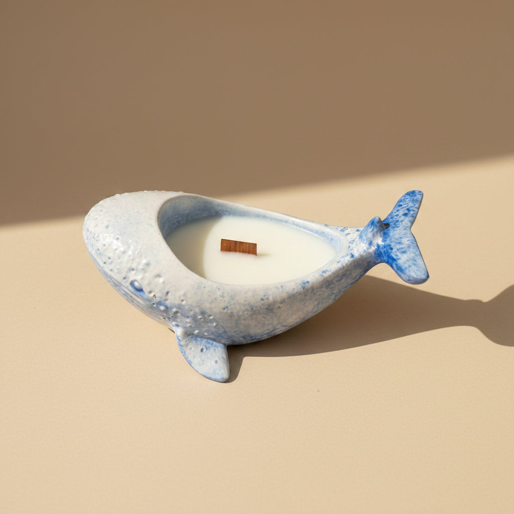 Whale-shaped porcelain vessel with a candle on a light beige surface