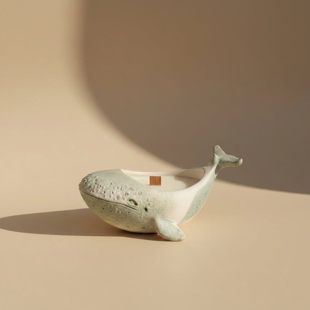 Whale-shaped porcelain vessel with a candle on a light beige surface