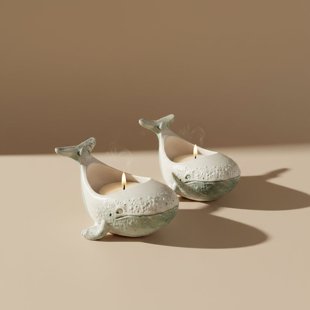 Two whale-shaped candle holders with tealight candles on a beige surface and background