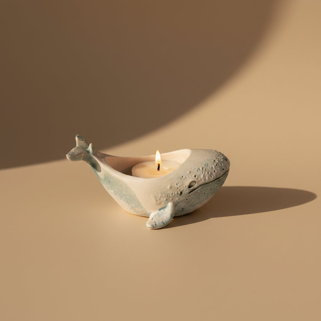 Cast porcelain whale-shaped candle holder with a tealight candle on a beige background