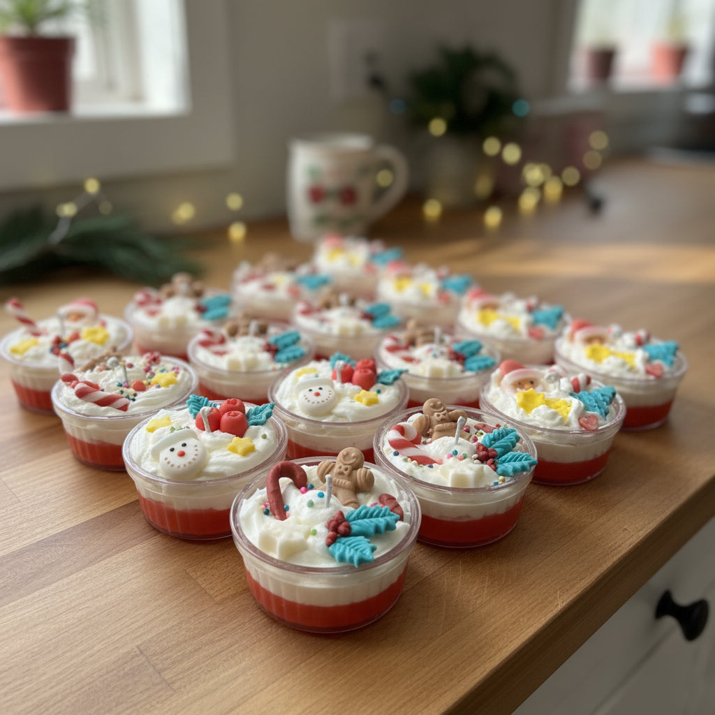 Many candles with festive decorations on the kitchen background with lights