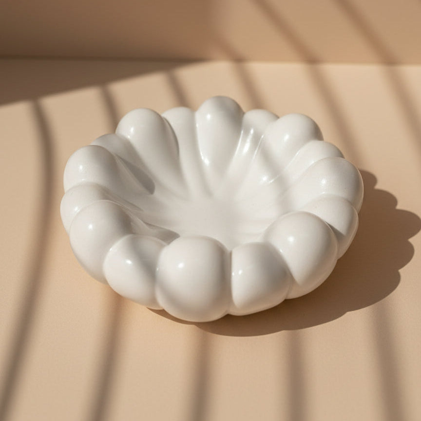 White Cloud Porcelain Vessel on beige background with shadows