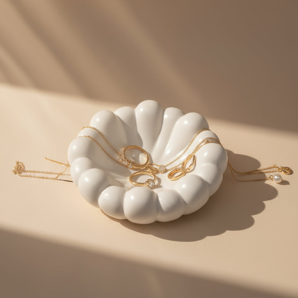 Cloud Porcelain Vessel with jewelry on beige background
