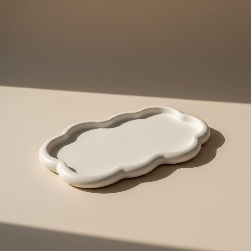 White porcelain tray on a beige surface with a neutral background