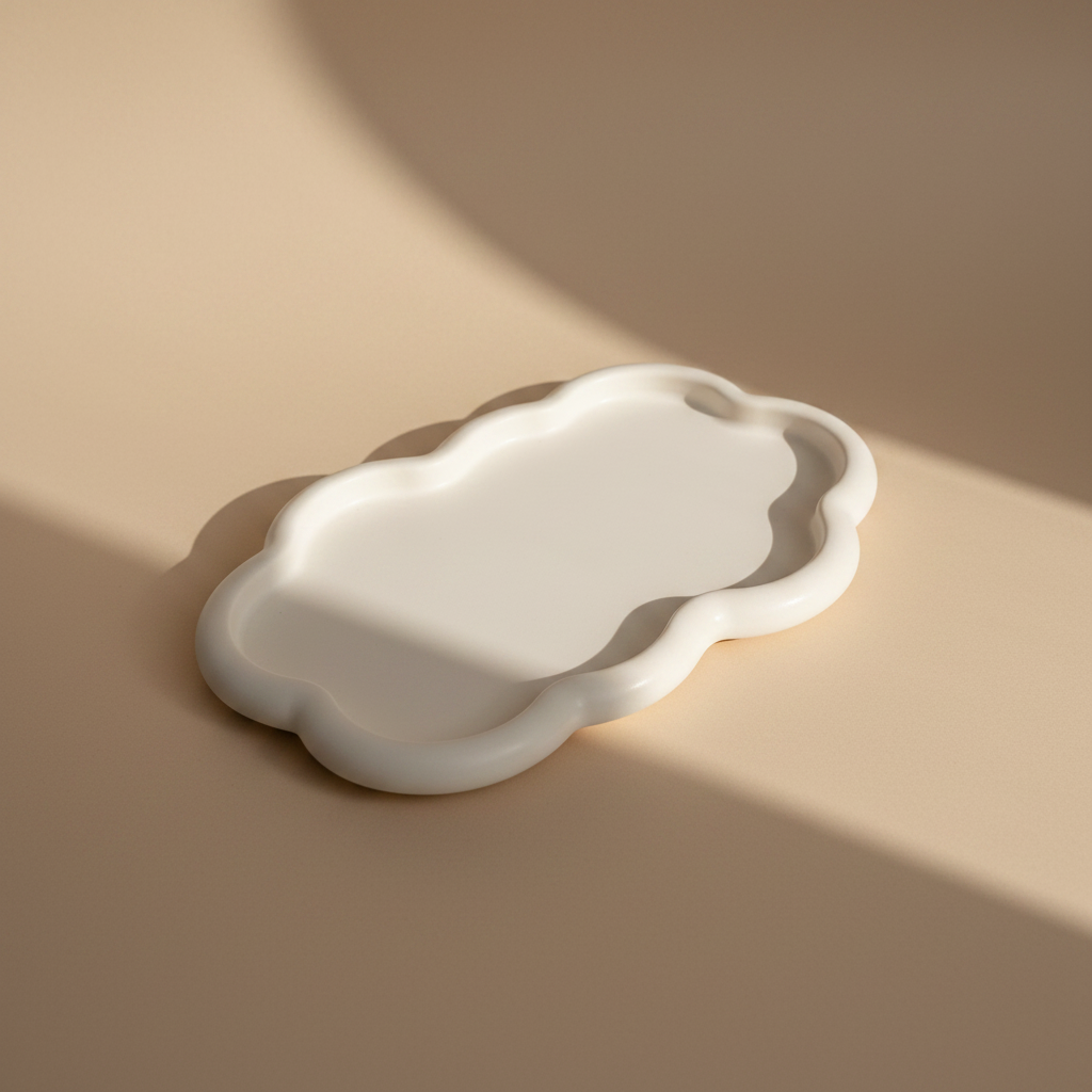 White porcelain cloud-shaped tray on a beige surface with a neutral background