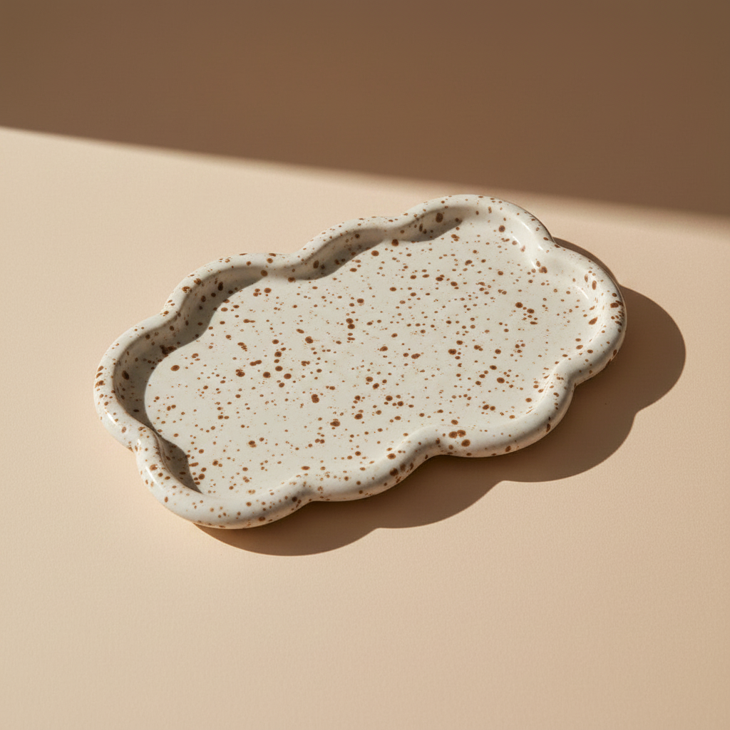 Speckled white and brown porcelain cloud-shaped tray on a beige surface with a neutral background