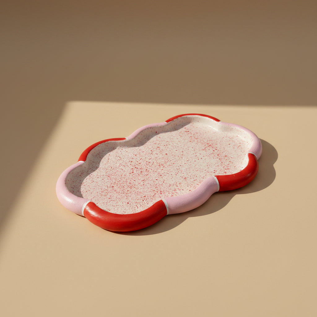 A cloud-shaped ceramic tray with a speckled off-white interior and a thick red outer rim, photographed on a warm beige surface with soft shadowing.
