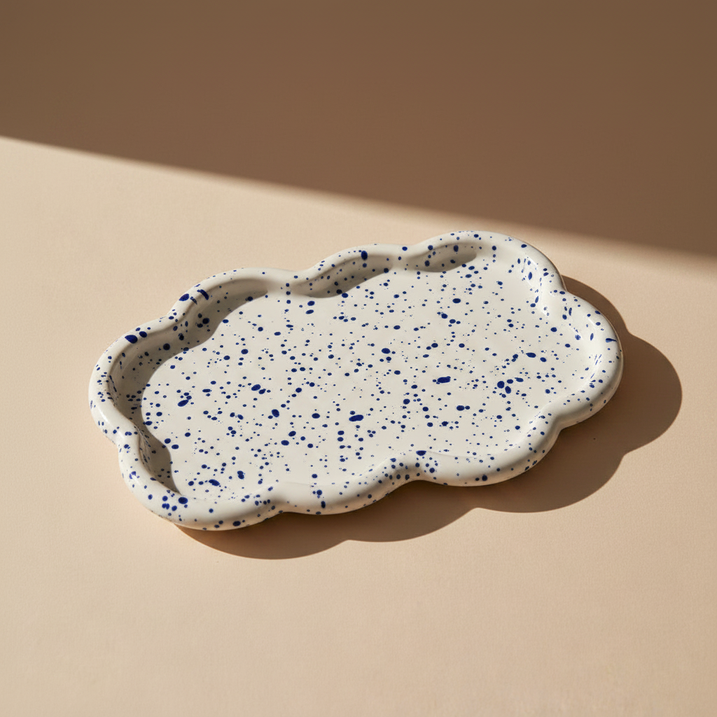 Speckled white and blue porcelain cloud-shaped tray on a beige surface with a beige background