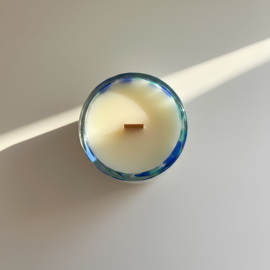 Glass candle holder with blue and green abstract pattern on a white 
background
