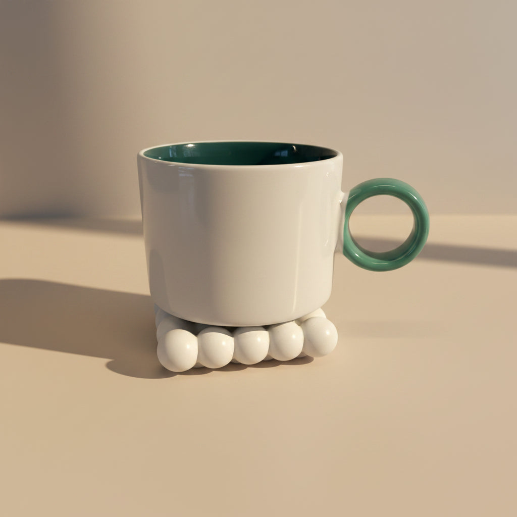 A white tray with a white ceramic mug with a dark green handle and matching dark green interior, shown on a plain light background.