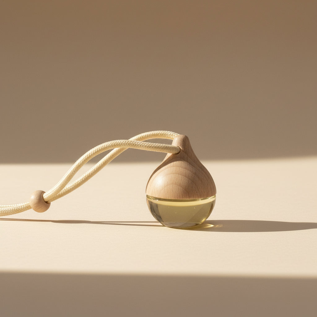 Car diffuser with a drop shape vessel with a string on a plain background