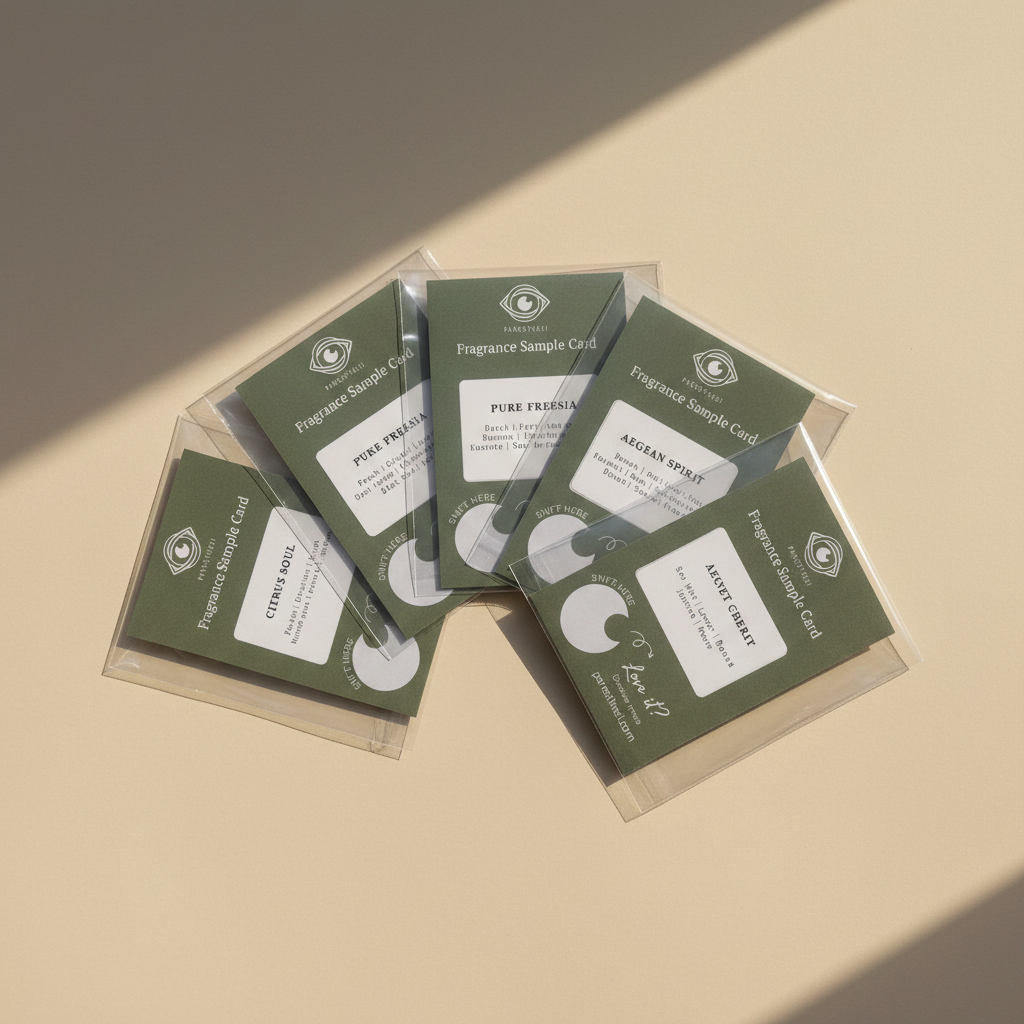 Set of green fragrance sample cards on a beige surface