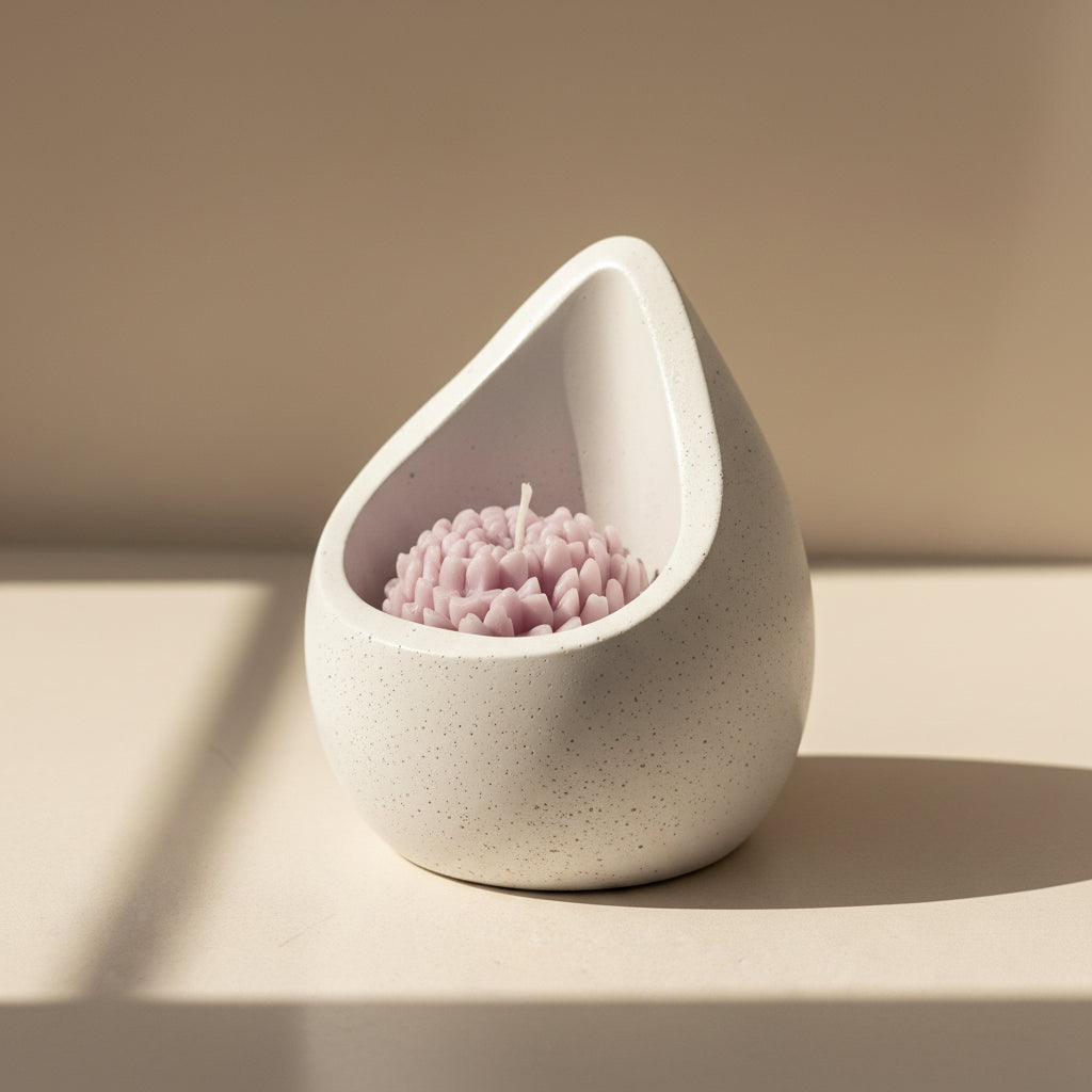White teardrop-shaped candle holder with a purple candle inside on a white surface.
