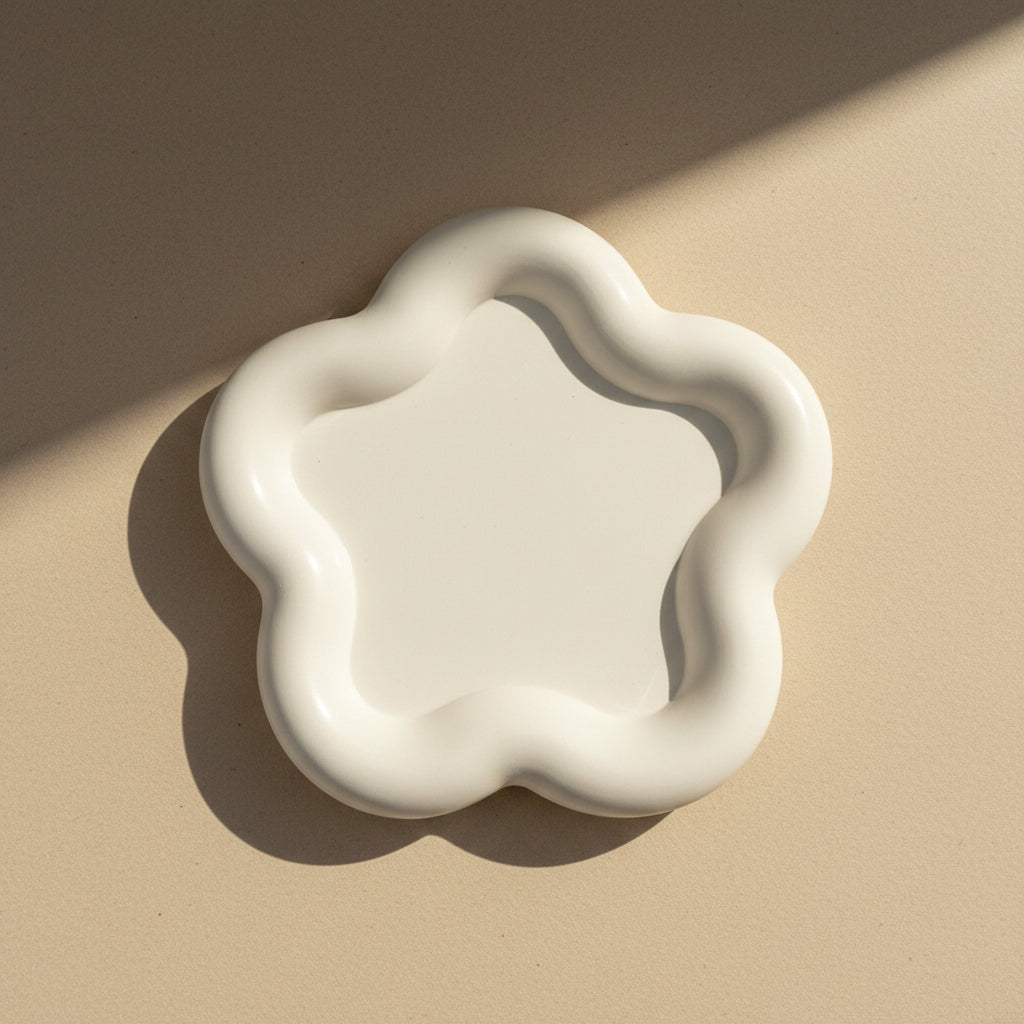 White porcelain flower-shaped tray on a beige background